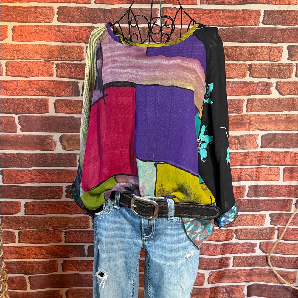 👚 Carol Turner Abstract Colorblock Sheer Tunic Blouse Dolman Blouse — Sz M